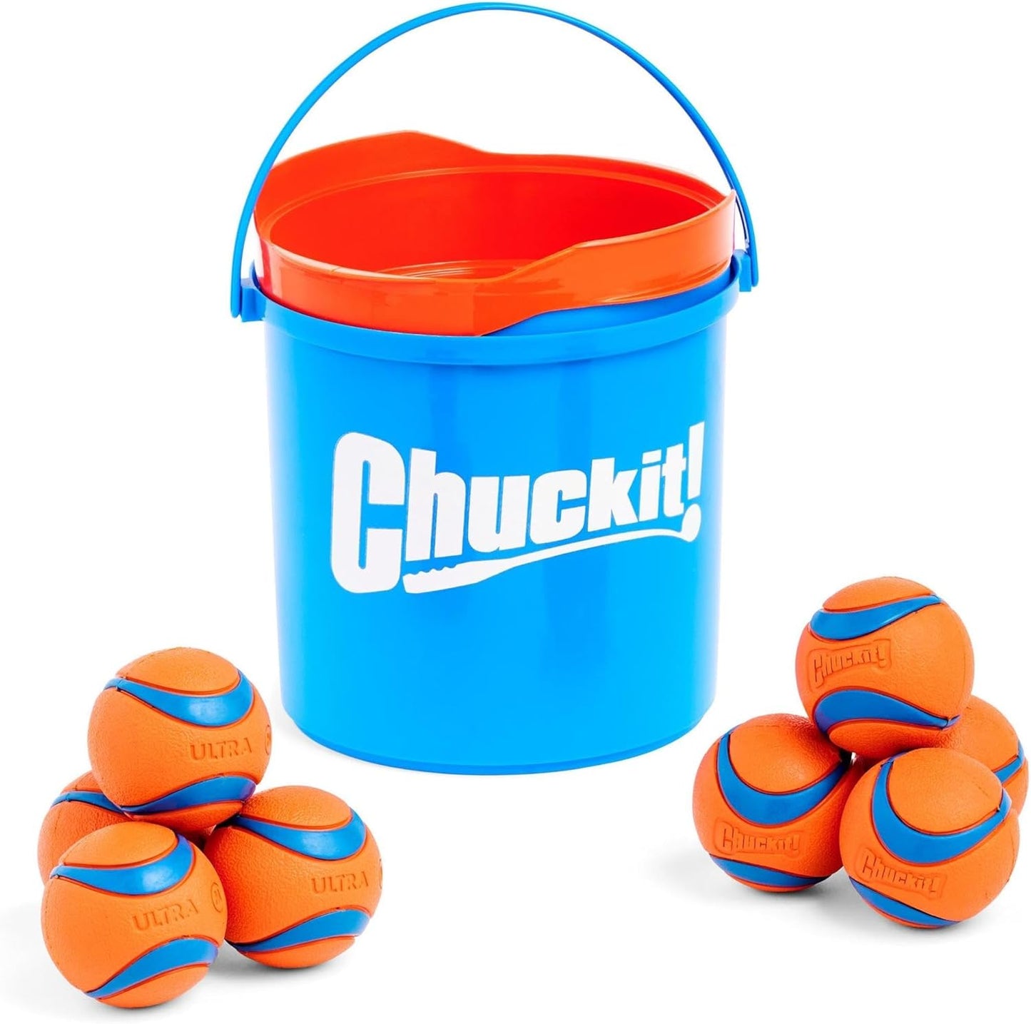 Chuckit! Ultra Ball Dog Toy with Chuckit! Cleaning Bucket Bundle - Bouncy Fetch Pet Toys For Dogs 20-60 lbs - Floats in Water - Durable Rubber - Size Medium - 2.5-inch Diameter - 8-Pack of Balls